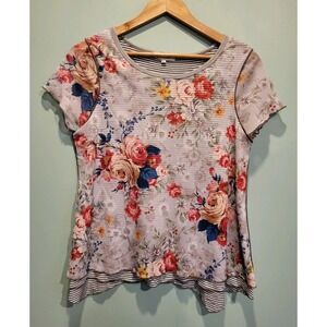 Sundance Multicolor Floral Stretch Mesh Layered Short Sleeve Top Sz M